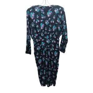 Vintage April Rain Floral Print Cinched Waist Midi Dress Multicolor Black SZ 14